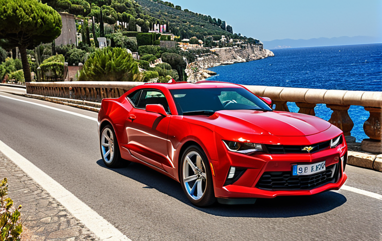 **Image Prompt:** A vibrant photo showcasing a red Camaro SS speeding along the Corniche road in the French Riviera, with the Mediterranean Sea sparkling in the background. The focus is on the car's aggressive design and the scenic coastal drive. Capture the feeling of freedom and exhilaration.