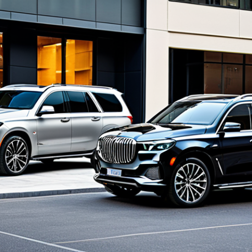 Home 11 Tahoe vs. European Luxury SUVs**
"A Chevrolet Tahoe parked next to a BMW X7 and a Mercedes-Benz GLS in a stylish urban setting, fully clothed, appropriate attire, showcasing the size difference and design aesthetics. Safe for work, perfect anatomy, professional vehicle photography, high quality, modern architecture in the background, daytime."
**
