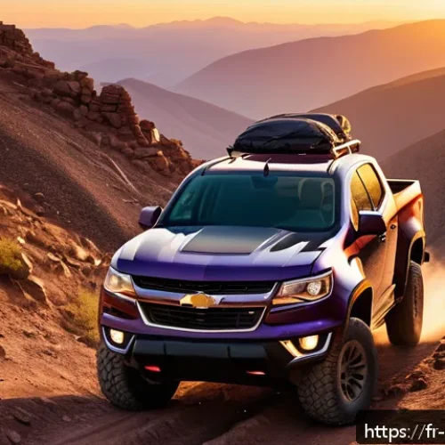 Home 31 쉐보레 콜로라도 디젤 엔진 장점 - A rugged Chevrolet Colorado diesel pickup truck navigating a steep, rocky mountain trail at sunset, ...