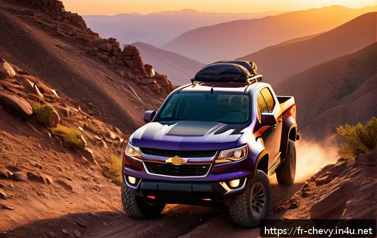쉐보레 콜로라도 디젤 엔진 장점 - A rugged Chevrolet Colorado diesel pickup truck navigating a steep, rocky mountain trail at sunset, ...