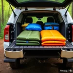 Home 23 쉐보레 콜로라도의 적재함 활용 팁 - A detailed scene of a pickup truck bed organized with modular separators creating multiple compartme...