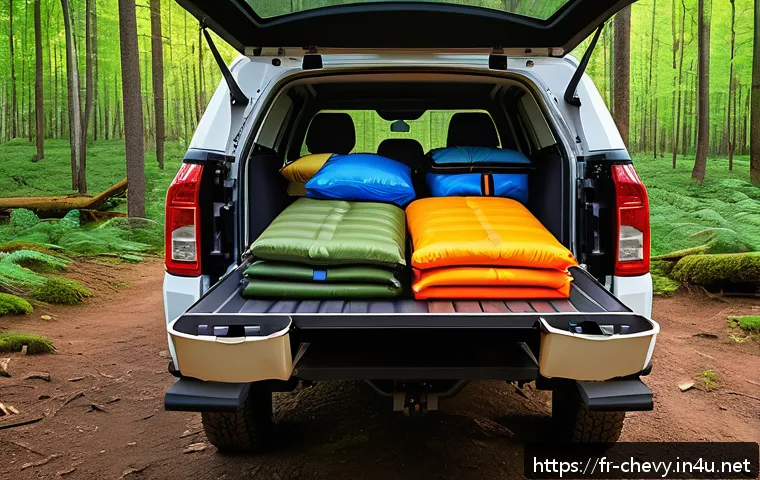 쉐보레 콜로라도의 적재함 활용 팁 - A detailed scene of a pickup truck bed organized with modular separators creating multiple compartme...