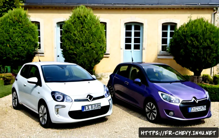쉐보레 스파크와 쉐보레 아베오 비교 - Photorealistic side-by-side comparison of two clean compact hatchbacks parked in a quiet French subu...
