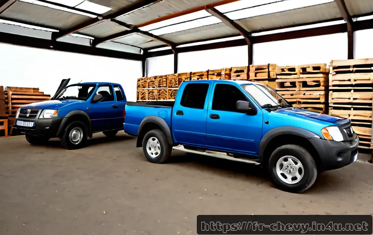 Home 17 쉐보레 콜로라도 적재 용량 비교 - Photorealistic side-by-side comparison of two unbranded midsize pickup trucks in a clean rural Frenc...