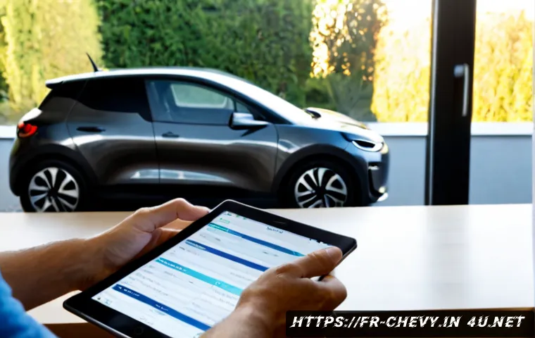 쉐보레 볼트 EV 보조금 신청 방법 - Photorealistic French homeowner using a tablet to complete an electric vehicle incentive application...